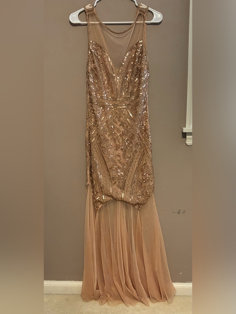 Windsor’s Sequined Evening Mermaid Gown in Rose Gold Champagne